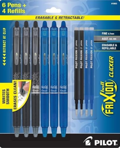PILOT FriXion Erasable Pens Retractable Gel Ink, 6 Pack (3 Black & 3 Blue) + 4 Bonus Refills, Fine Point 0.7mm Erasable Gel Pens