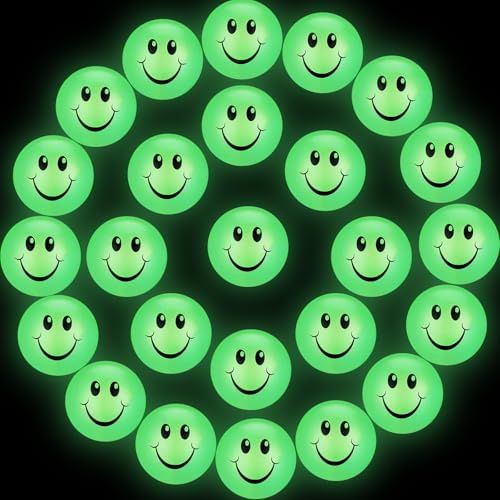 Kasyat 24 Pièces Balles Rebondissantes de Visage Souriant Phosphorescentes, Mini Balle Rebondissante à Rebond Élevé pour Ados, Noël Lumineux, Fête d'anniversaire pour Garçons et Filles 6 Ans +