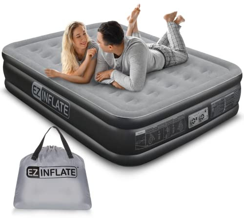 EZ INFLATE Materasso ad aria con pompa integrata, materasso gonfiabile a doppia altezza con parte superiore floccata, facile da gonfiare, impermeabile, portatile, per campeggio e viaggi
