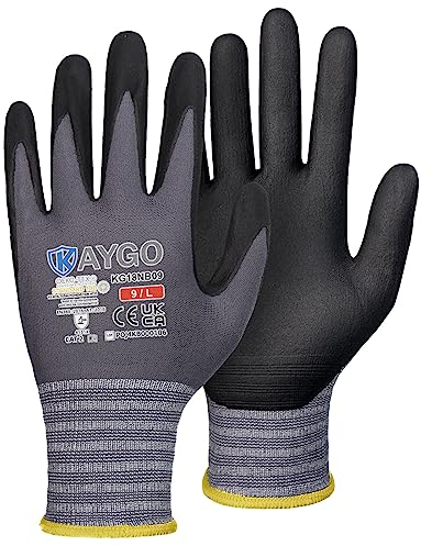 KAYGO 3 Pairs Safety Work Gloves MicroFoam Nitrile Coated, KG18N,Seamless Knit Nylon Glove with Black Micro-Foam Nitrile Grip,Ideal for General Purpose,Automotive,Home Improvement