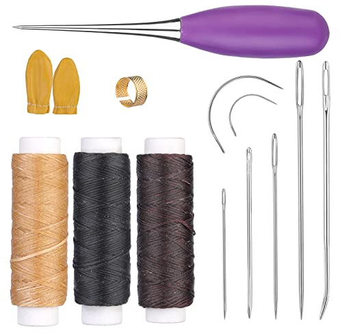 Ruasol Kit di riparazione per tappezzeria, filo per tappezzeria 3 rotoli in tre colori inclusi filo di cera in pelle, punteruolo, ago da cucito in pelle, kit da cucito in pelle di per principianti