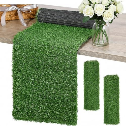 Tudomro 2 Pcs Artificial Grass Table Runner 12 x 36 Inch Faux Grass Placemats Green Moss Synthetic Turf Table Runner for Wedding Baby Shower Golf Football Garden Birthday Party Tabletop Decor(Classic)