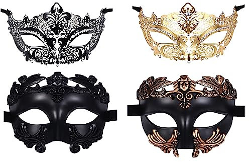 JewelryWe Maskeringspar persienner masker - 4 st svart guld metall antika romerska grekiska ansiktsmasker kostym för halloween karneval fest dam herr