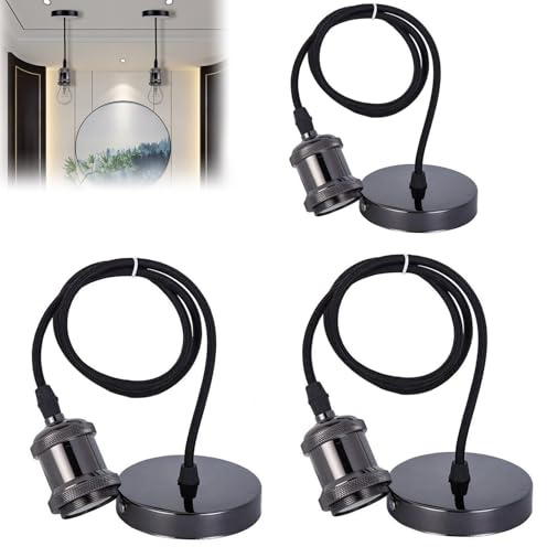 Leikurvo 3 Unidades Lámpara de Suspensión E27, Casquillo Retro Con Cable de 100 cm, Portalámparas Vintage Con Soporte de Techo, Lámpara Colgante