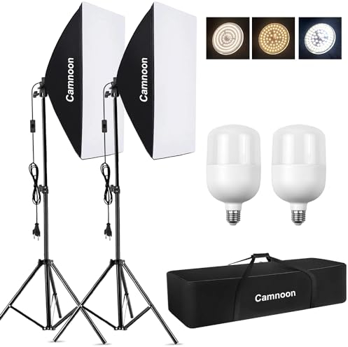 105W Softbox LED Set, Camnoon Foco Fotografía 2 x 50 x 70cm con 2 Bombillas LED, Temperatura Regulable 5500K, Iluminacion Fotografia para Fotos, Retratos, Filmación, Estud,Youtube