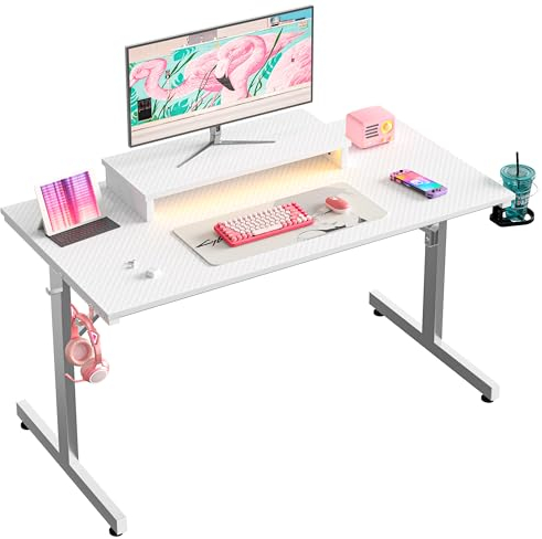 Bestier Small Gaming Desk with Monitor Stand, 106.6 CM LED Computer Desk, Gamer Workstation with Cup Holder & Headset Hooks, Modern Simple Style Desk for Home Office