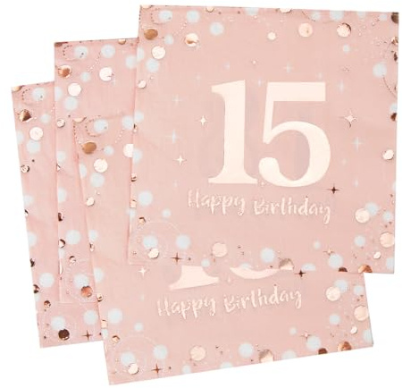 30 stycken servetter 15 år rosa guld - födelsedagsdekoration, pappersctail grattis på födelsedagen för fest, semester, firande - 3 veck 33 x 33 cm