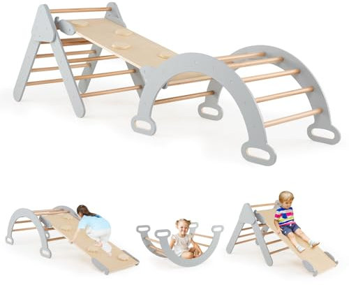 HOMASIS 3 in 1 Triangolo di Arrampicata Multiuso per Bambini, Giocattoli con Scivolo Rampa Arco, Set di Arrampicata per Asilo Nido, Parco Educativo per Bambini di 1+ Anno (Grigio)