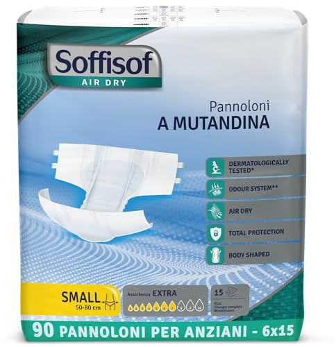 Soffisof Air Dry Pannoloni con Adesivi Extra S - 90x Pannoloni per Anziani a Mutandina - 6 Confezioni da 15 Pezzi, Assorbenza fino a 7 Gocce - Ausili Incontinenza Uomo e Donna