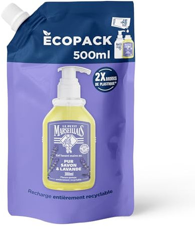 Le Petit Marseillais Recharge Gel Lavant Mains Pur Savon & Lavande (écopack de 500 ml) – Recharge savon liquide pour flacon-pompe – Savon mains à l’huile essentielle de lavande