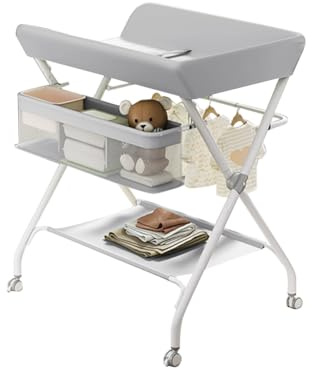 Salutmeuble Table à Langer Pliante avec Panier De Rangement à Côté Structure en Fer Charge Max 25KG,Design Ergonomique,Table à Langer et Baignoire 2 en 1 pour bébé, De la Naissance à 12 Mois-Gris