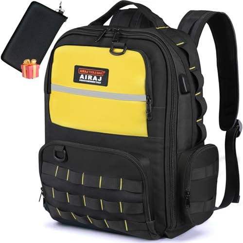 AIRAJ Tool Backpack,46x40x18cm,Heavy Duty Tool Bag Backpack with 23 Pockets Tool Storage Bag,Full Open Design, Tool Rucksack for Electrician & Construction(with Parts kit)