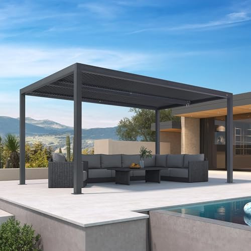 PURPLE LEAF Pergola Bioclimatica 4,8 x 3 m Pergolato da Giardino Lame Orientabili Area 14,4 m² Gazebo Pergola Alluminio per Patio Terrazza Esterno, Grigio