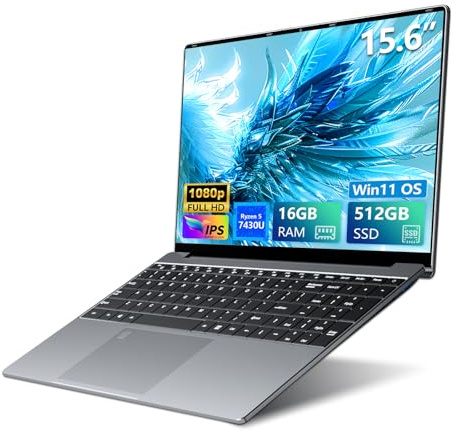Ordenador Portáti AND Ryzen5 7430U, 15.6 Pulgadas PC Portatil 16GB RAM 512GB SSD, Laptop Gráficos Radeon, Desbloqueo Huellas Dactilares/Teclado Retroiluminado, Tipo-C+USB 3.0+Mini-HDMI+6000mAh Battery