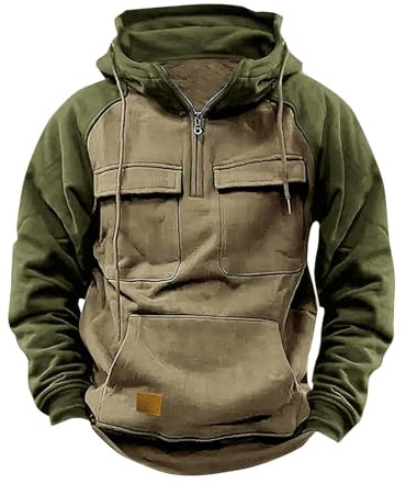 Generisch Sudadera con capucha para hombre, suéter de bloque de color, retro, sudadera con capucha, multibolsillos, media cremallera, manga larga, informal, cómoda, para trabajo y ropa deportiva