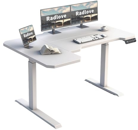 Radlove Scrivania angolare elettrica regolabile in altezza, a forma di L, con doppio motore e display LED, 150 x 78 cm, scrivania in piedi, scrivania regolabile per casa e ufficio, colore: bianco
