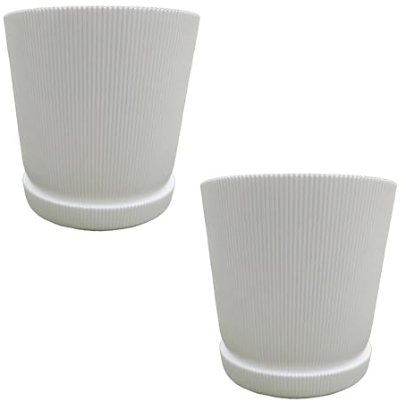 Relaxdays Vaso da Fiori, Set da 2, con sottovaso, Righe, H x D: 20 x 20 cm, per Piante, plastica