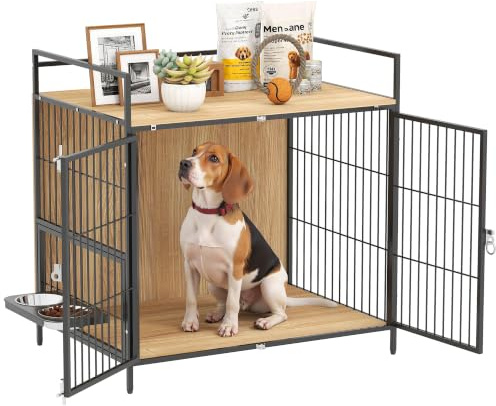 PawHut Jaula para Perros Mesa Auxiliar con Puertas 2 Tazones 80x56x76,5 cm | Casa para Mascotas Moderna con Soporte Giratorio, Estante, para Perros Medianos, Roble