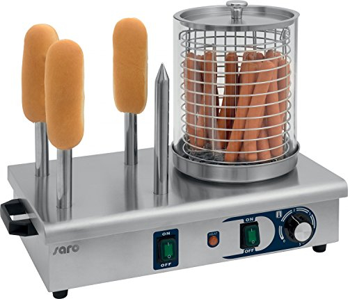 SARO Hot-Dog-Maker – Mit Glaszylinder & 4 Toaststangen – Edelstahl – Thermostat 0–110 °C – 0,65 kW – B 480 x T 280 x H 410 mm - Modell HW 2