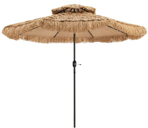 COSTWAY 2.7m/3m Thatched Tiki Parasol, Tilt Adjustment Hawaiian Patio Beach Umbrella with Manual Crank System, Air Vent & 8 Ribs, 2 Tier Tropical Straw Sunshade for Garden Poolside Courtyard(2.7m)