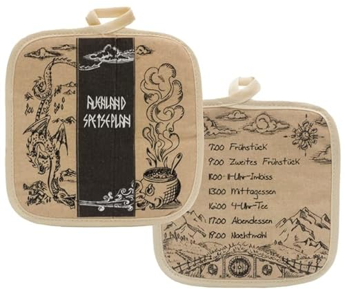 getDigital Topflappen-Set Auenland Speiseplan - 2er Set, Hitzebeständige Topflappen bis 300°C, Geeignet für Küche und Grill, Küchenzubehör für Nerds & Fantasy Fans - Beige, 60% Baumwolle 40% Polyester