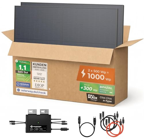 Solarway® Balkonkraftwerk 1000W komplett Steckdose - neuester 1000 Watt Wechselrichter - Solaranlage Komplettset - 500W bifaziale Solarmodule & Envertech & Zubehör