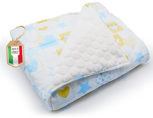 Beybe Coperta neonato Multiuso Double-face realizzato in Cotone Percalle 100% ed Orsetto super soffice - Coperta realizzata a Mano in Italia da maestri artigiani