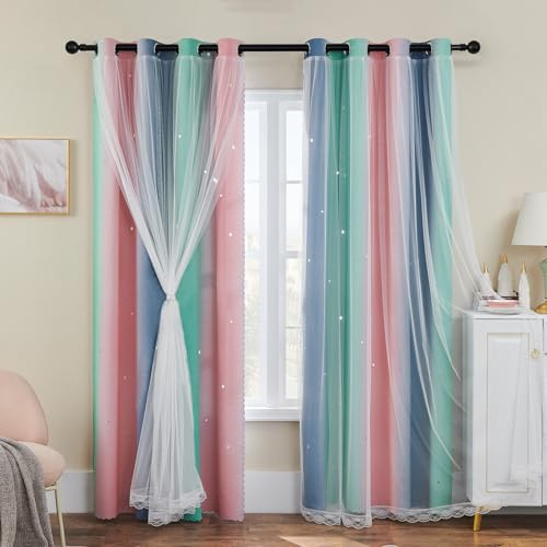 XiDi Green Star Cutout Decoration Curtains for Bedroom, Kids Room - Double Layer with Voile, 52 Inch Wide, 2 Pcs