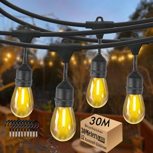 Cadena de luces LED para exteriores, 30 m, S14 E27, resistente al agua, IP65, con 30 + 2 bombillas LED, 2700 K, blanco cálido, para jardín, terraza, bodas [clase energética G]