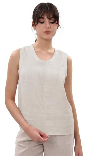 Amazhiyu Linen Womens Tops, Summer 100% Linen Tank Tops Sleeveless Crew Neck Casual Linen Blouse for UK Flax S
