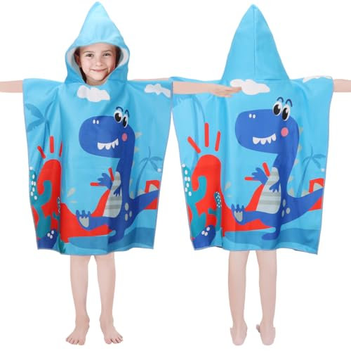 Poncho de baño infantil con capucha, toalla de microfibra Dino, absorbente, albornoz para niñas, piscina, toalla de playa para niñas y niños pequeños (altura del niño: 85 – 110 cm)