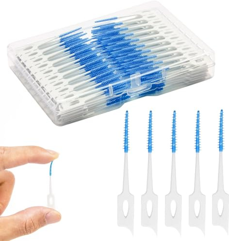 ACSKD Dental Floss Picks, 200 Count, Soft Rubber Brush Head, Interdental Brushes with Convenient Carry Case,Dual-Ended Toothpick Travel Teeth Cleaning Tools (Blue)