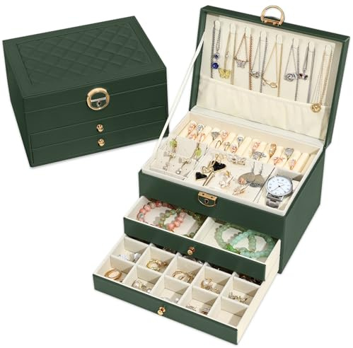 Granbest Joyero de 3 niveles con 2 cajones, elegante joyero de cuero, ideal para collares, pulseras, anillos y pendientes (verde oscuro)