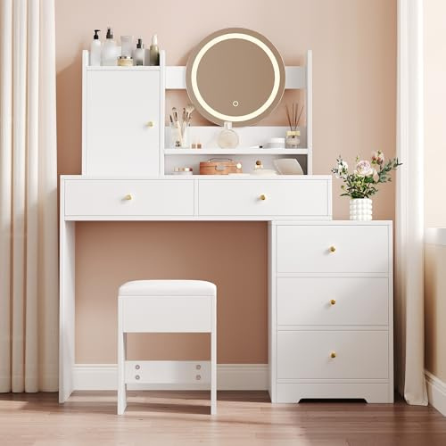 DJHWX sminkbord med dimbar LED-belysning (3 färgtemperaturer), uttag, 5 lådor, 1 spegel, 1 dörrfack och 1 pall, för sovrum, omklädningsrum. 90 × 40 × 132 cm, vit