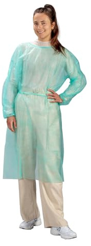 Medi-Inn PP-Besucherkittel | 100 Stück grün | 115 x 137 cm | Schutzkittel mit Gummi-Bündchen zum Binden