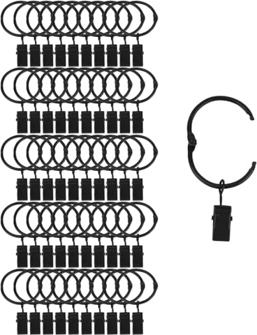 Suneration 50 Pack Openable Curtain Rings with Clips Metal Hangers Ring 1.22 inch Interior Diameter Rust Proof for Heavy Duty Vintage Decorative Drapery Eyelet Curtain Rods Black
