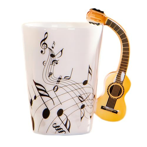 MBSM 8.5oz Creative Music Mug Violin Style Guitar Ceramic Mug Coffee Tea Milk Stave Cups with Handle Coffee Mugs Novelty Gifts (Wooden Guitar)