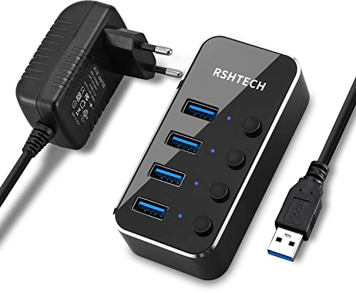 RSHTECH USB Hub Aktiv 3.0 mit Netzteil, USB 3.0 Hub Aktiv mit 4 Ports USB Verteiler 3.0 Datenhub mit 10W(5V/2A) Netzteil und Einzelne Schalter, für die Datenübertragung, Leichter und Tragbarer