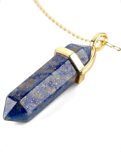 LAVISA Obelisk Halskette Gold - Luxuriöse Edelsteinkette, Anhänger, Halskette, intensive Farben, Rosenquarz, Amethyst, Kette - 55 + 5 cm (Lapislazuli)