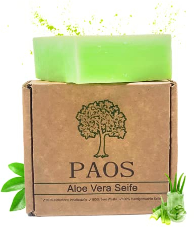 PAOS Aloe Vera Seife, ca. 150g, Naturseife, Haarseife, Pflegeseife, Rasierseife, anwendbar bei Falten und unreiner Haut, Keine chemischen Zusätze, Vegan, für alle Haar- und Hauttypen