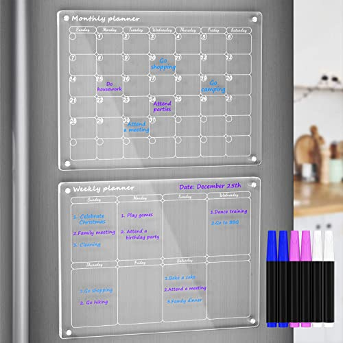 AITEE Acrylic Magnetic Monthly and Weekly Calendar for Fridge, Clear Set of 2 Dry Erase Board Calendar for Fridge Reusable Planner, Includes 6 Dry Erase Markers With 3 Colors(16x12Inches)