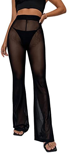 GORGLITTER Damen Transparent Schlaghose Yogahose Elastischer Bund Mesh Lange Hosen Hohe Taille Strandhose Schwarz L