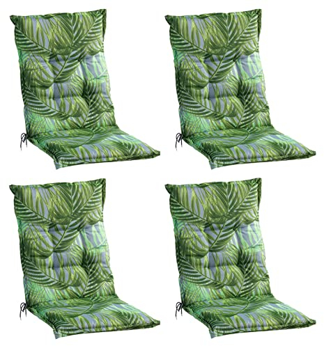 Home4You Gartenstuhlauflagen Mittellehner 4er Set - 110 x 50 cm - Grün - Baumwolle - Polyester - Palmenmuster - Sesselauflage Sitzpolster Stuhlauflage