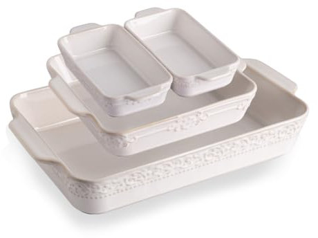 Sweejar Casserole Dishes for Oven, Ceramic Bakeware Set of 4, Rectangular Baking Dish with Handles, Lasagna Pans for Cooking, Gratin, Roasting, Banquet and Daily Use (Kiln-Change White)