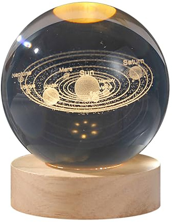 GDWD Bola de cristal 3D, luz nocturna, astronomía, lámpara LED con base de madera, carga USB, sistema solar planeta, bola de cristal, regalo de cumpleaños, decoración para fiestas de mesa (6 cm,