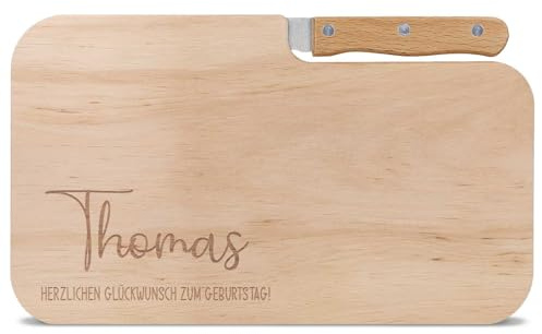 GRAVURZEILE Frühstücksbrettchen mit eigener Gravur in verschiedenen Motiven - Inklusive Messer - Personalisiert mit Namen und Text - Massives Erlenholz - 26x15,5x1,2 cm - Motiv: Name + Text