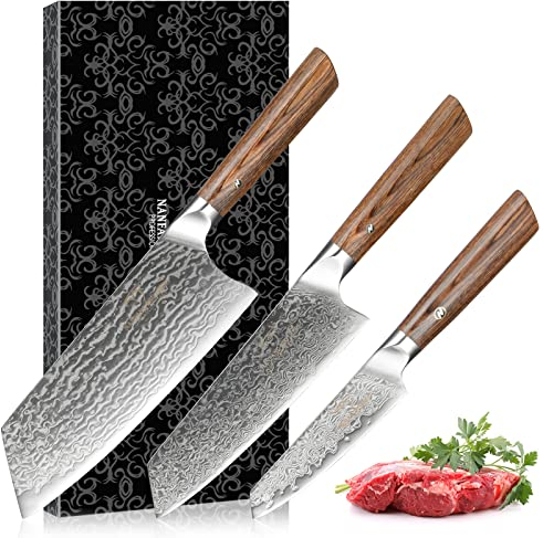 NANFANG BROTHERS VG10 Damascus Steel 3-Piece Knife Set, with Slicing, Santoku, and Paring Knives for Cutting Meat, Vegetables, and Fruits, Perfect for Home and Commercial Kitchens.