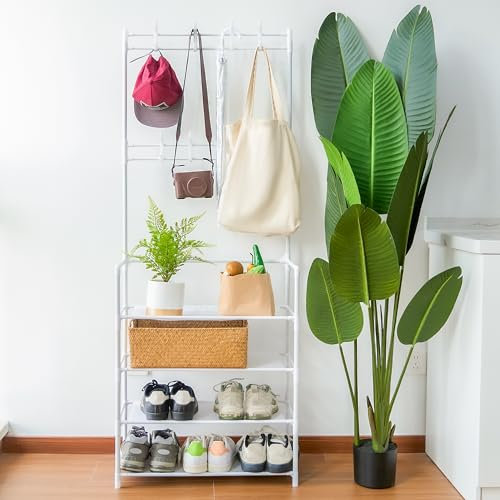 Hawthyhome Kleiderständer Garderobenständer mit 4-stufiger Schuhablage und 8-Haken zur Aufbewahrung, passt gut in den Flur, Schlafzimmer, Wohnzimmer und Badezimmer 60 x 26 x 150 cm, weiß