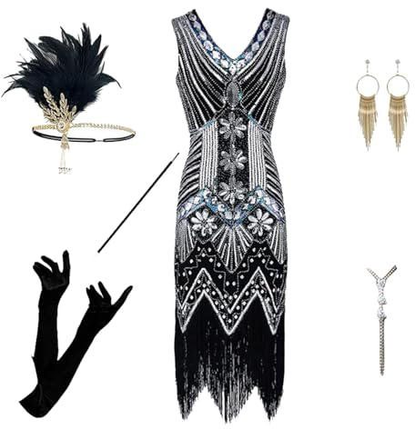 DaPongZhi Robe Années 1920 Robe Annee 20 Gatsby Ensemble de Costumes pour Soirée de Bal à Col en V à Paillettes et à Franges Ensemble d'Accessoires Années 20 Robe de soirée Cocktail