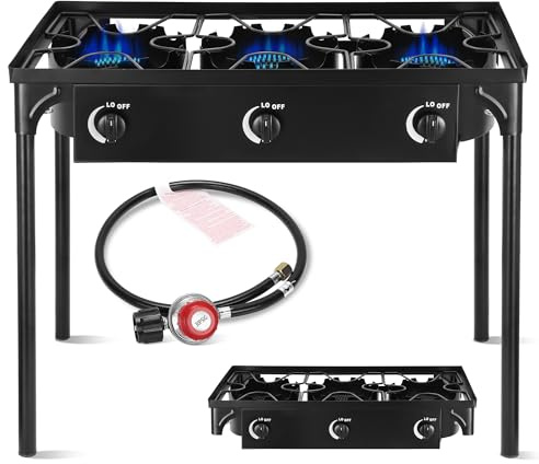 FSUON Outdoor Camping Stove, 225000 BTU, High Pressure 3 Burner, Propane Gas Cooker with Detachable Legs, 30 PSI Regulator